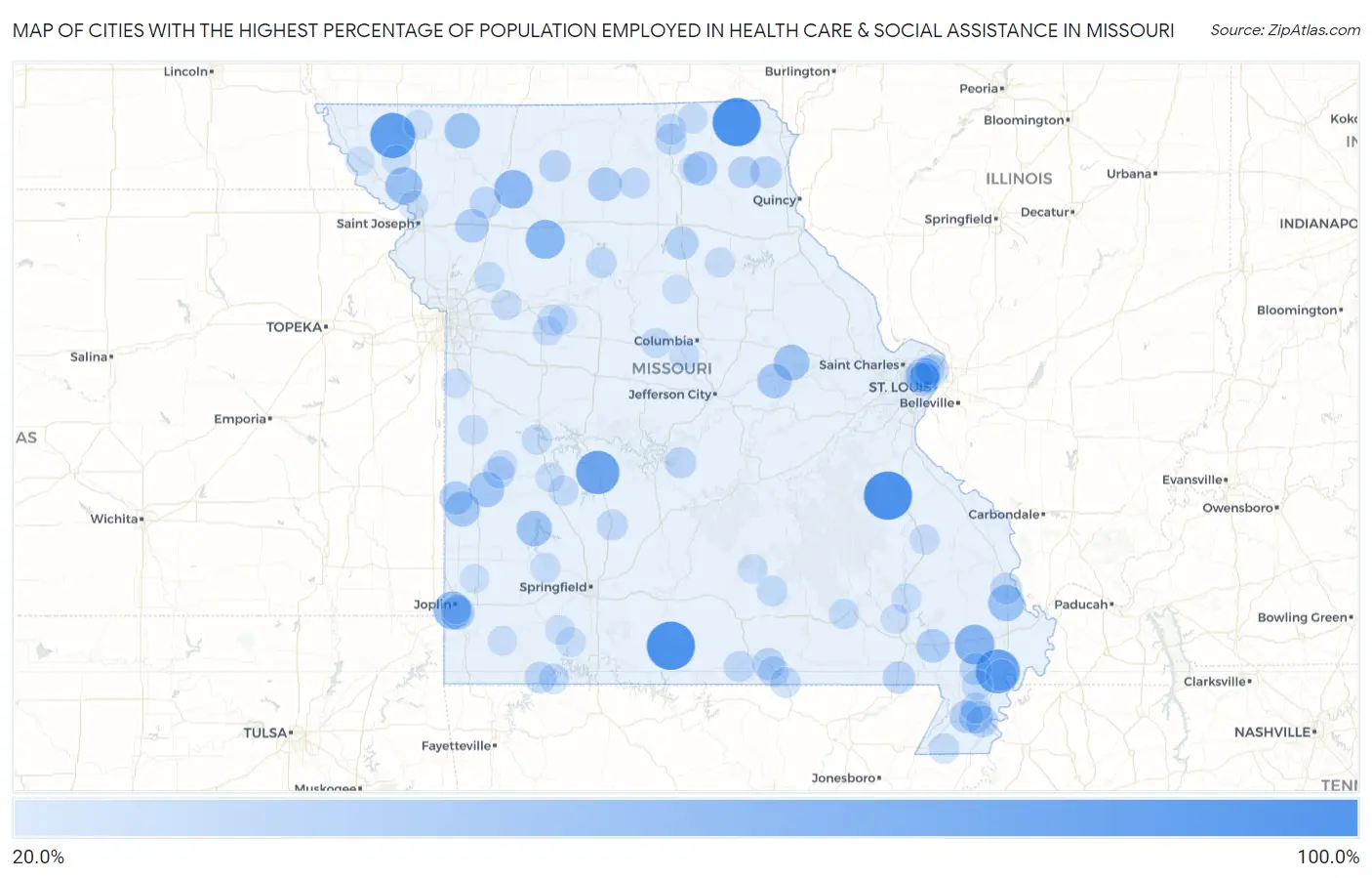 Cities with the Highest Percentage of Population Employed in Health Care & Social Assistance in Missouri Map