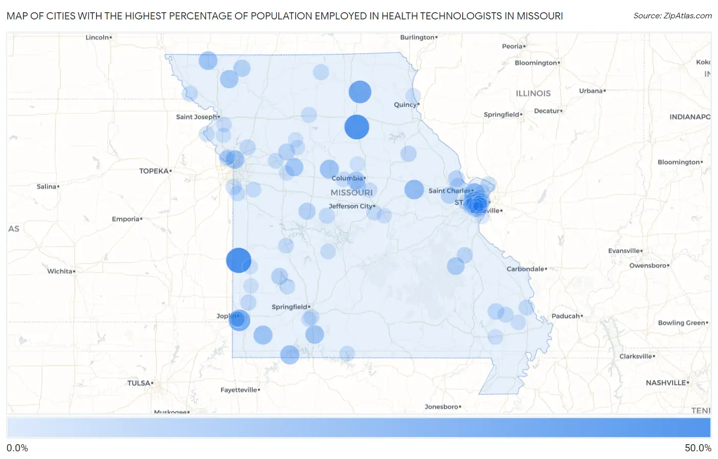 Cities with the Highest Percentage of Population Employed in Health Technologists in Missouri Map