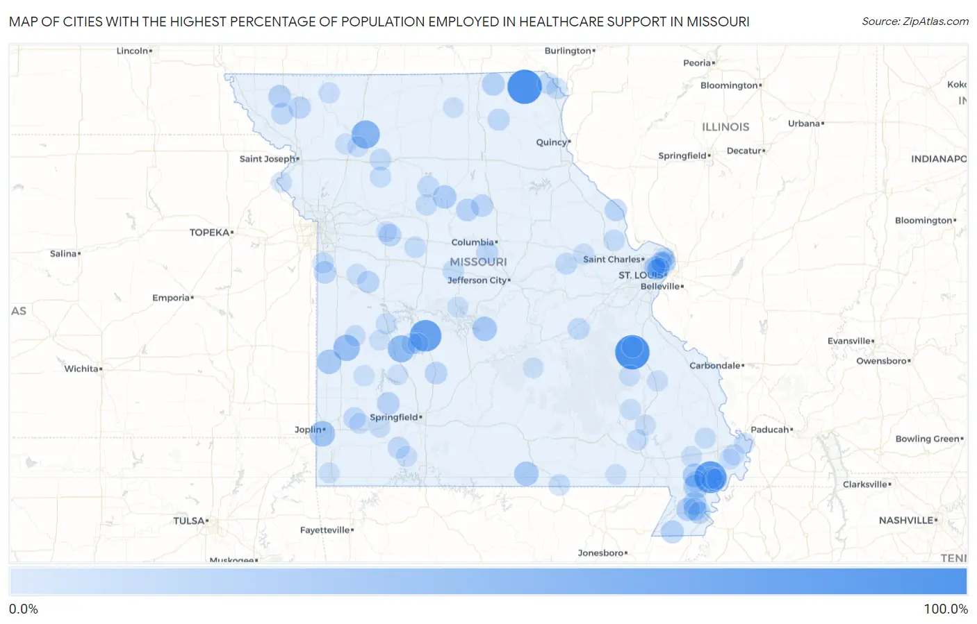 Cities with the Highest Percentage of Population Employed in Healthcare Support in Missouri Map