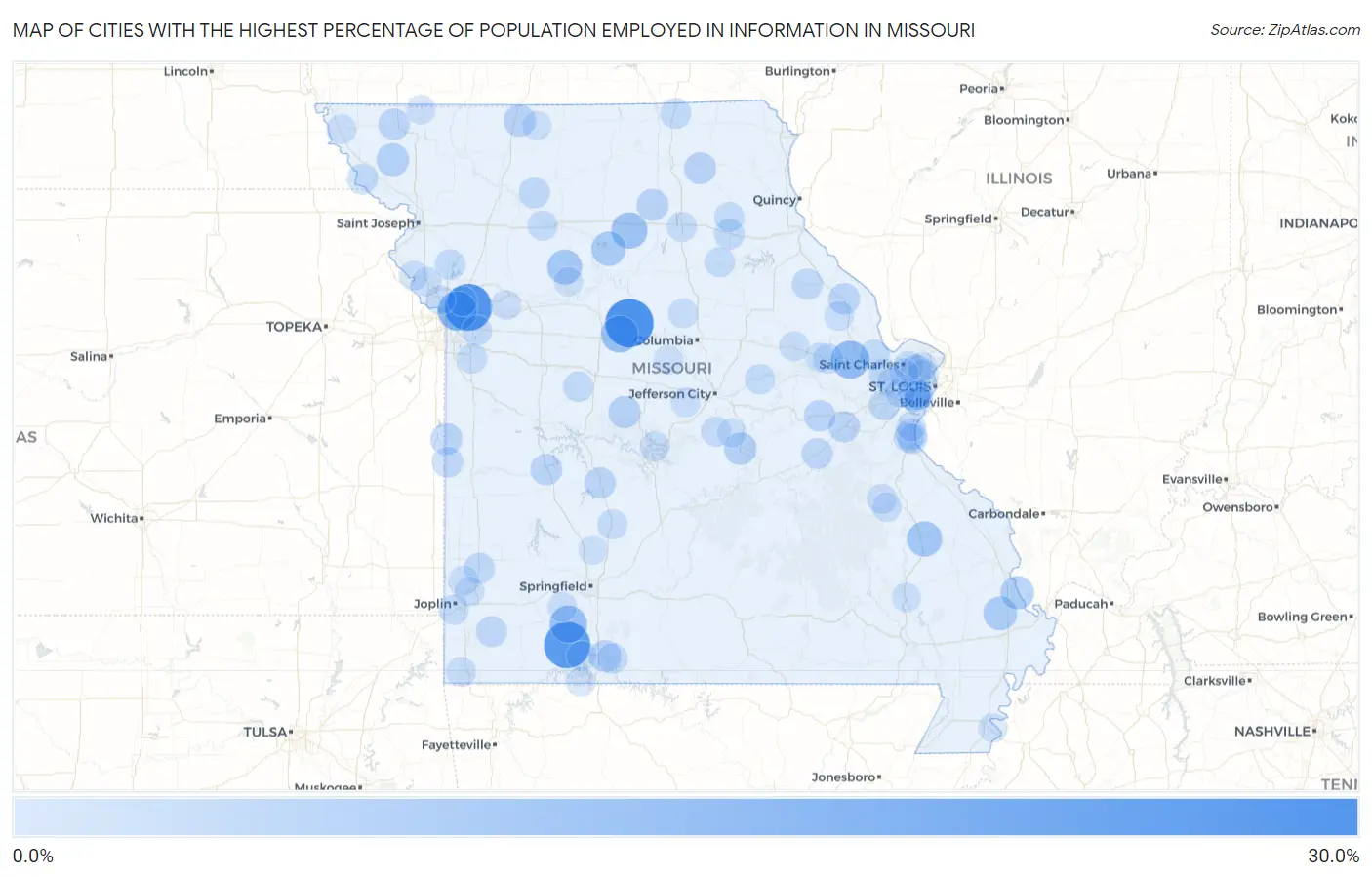Cities with the Highest Percentage of Population Employed in Information in Missouri Map