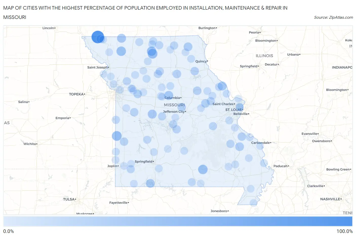 Cities with the Highest Percentage of Population Employed in Installation, Maintenance & Repair in Missouri Map