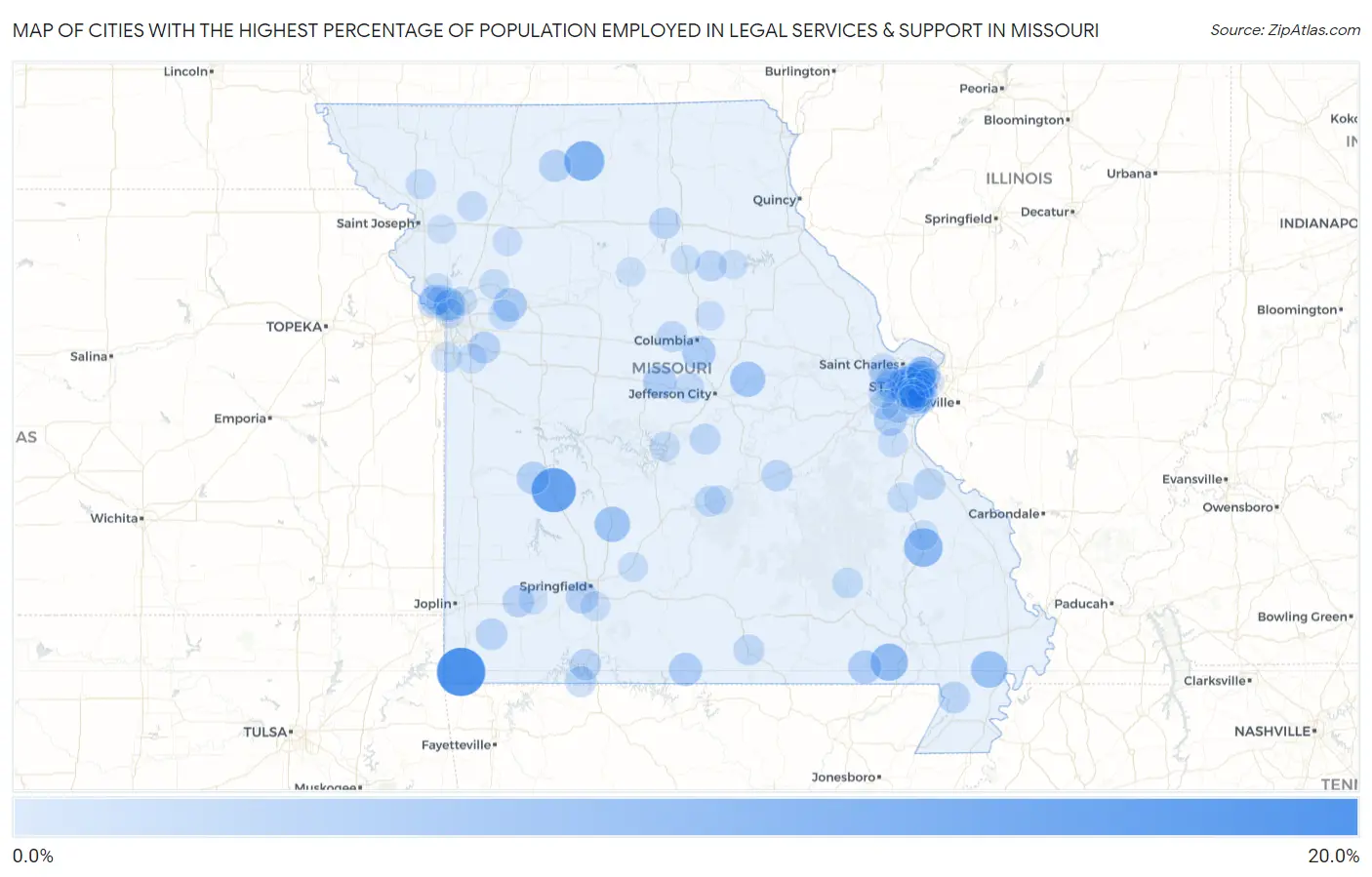 Cities with the Highest Percentage of Population Employed in Legal Services & Support in Missouri Map