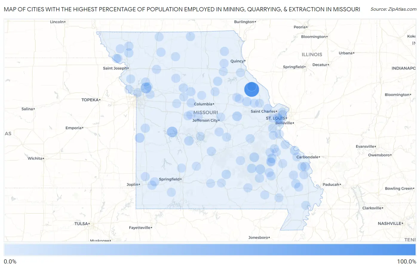 Cities with the Highest Percentage of Population Employed in Mining, Quarrying, & Extraction in Missouri Map