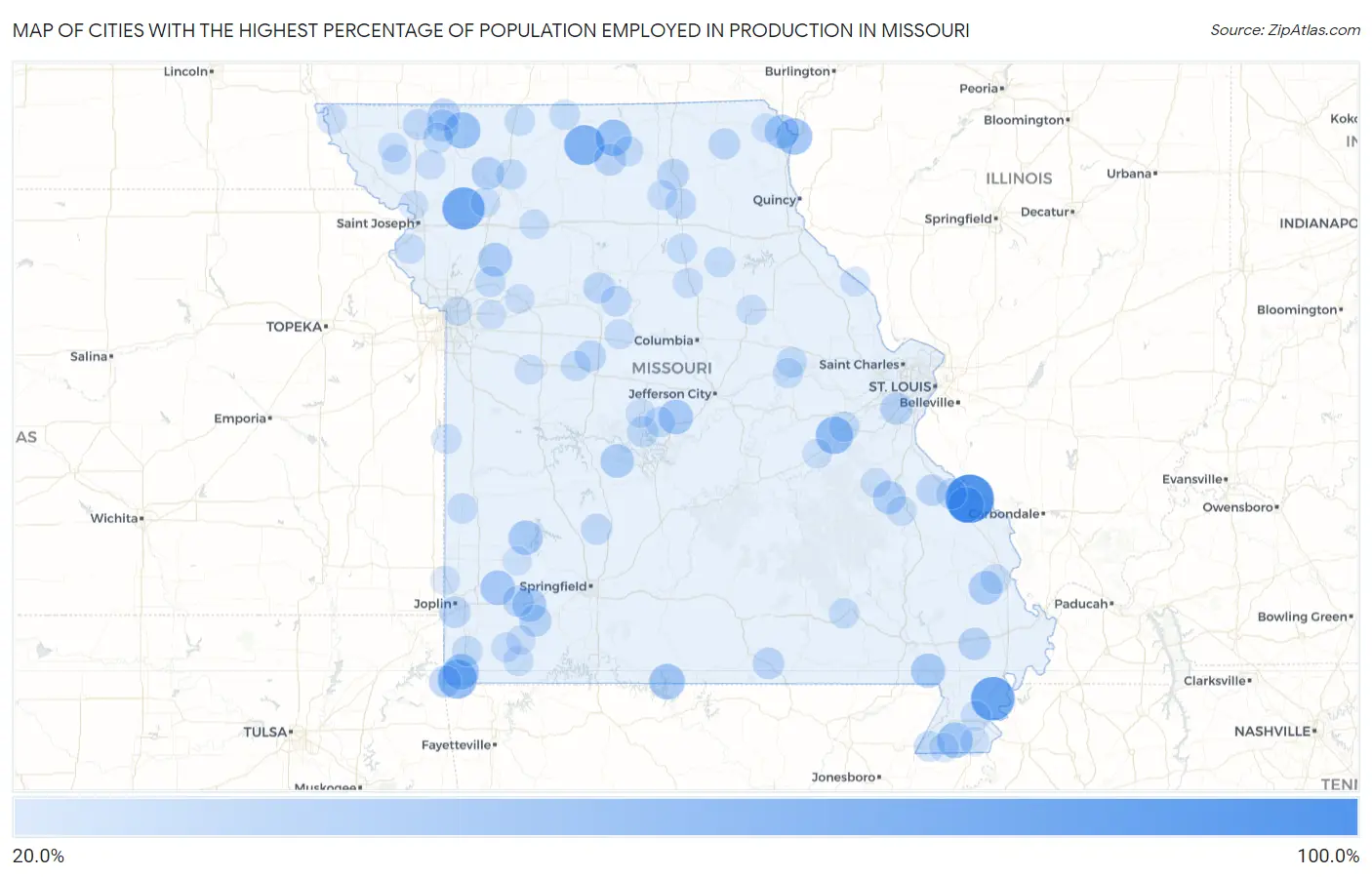 Cities with the Highest Percentage of Population Employed in Production in Missouri Map