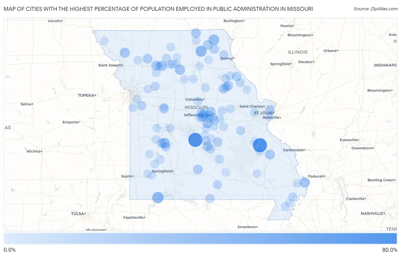 Cities with the Highest Percentage of Population Employed in Public Administration in Missouri Map