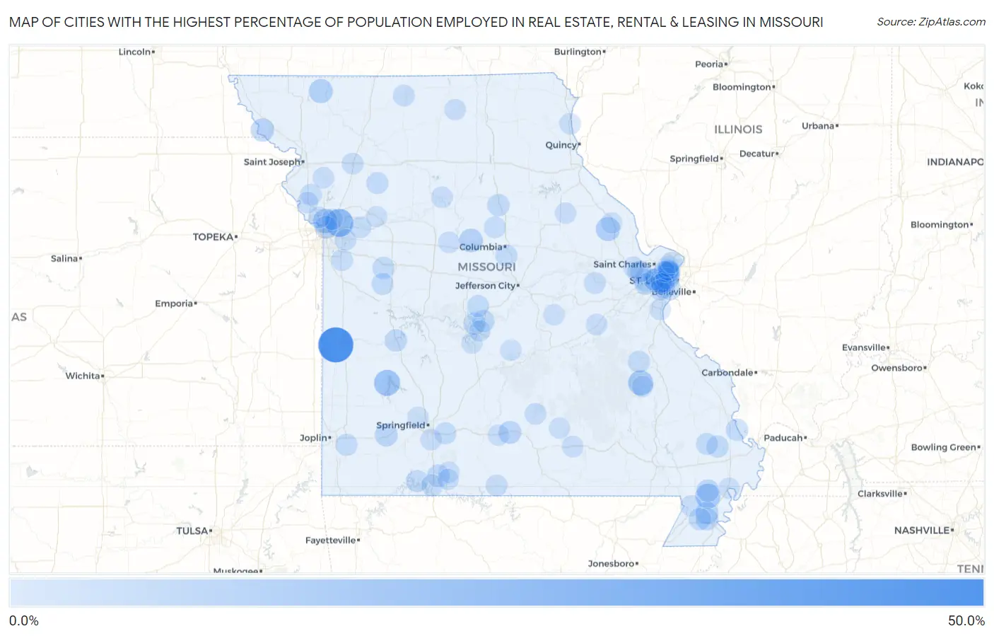 Cities with the Highest Percentage of Population Employed in Real Estate, Rental & Leasing in Missouri Map