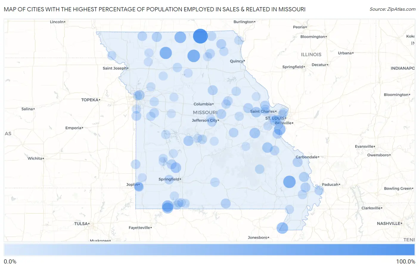 Cities with the Highest Percentage of Population Employed in Sales & Related in Missouri Map