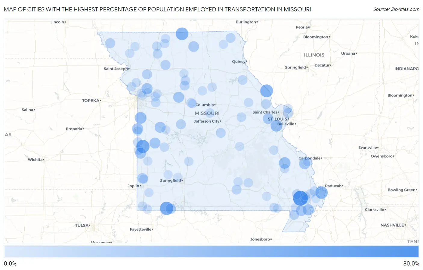 Cities with the Highest Percentage of Population Employed in Transportation in Missouri Map
