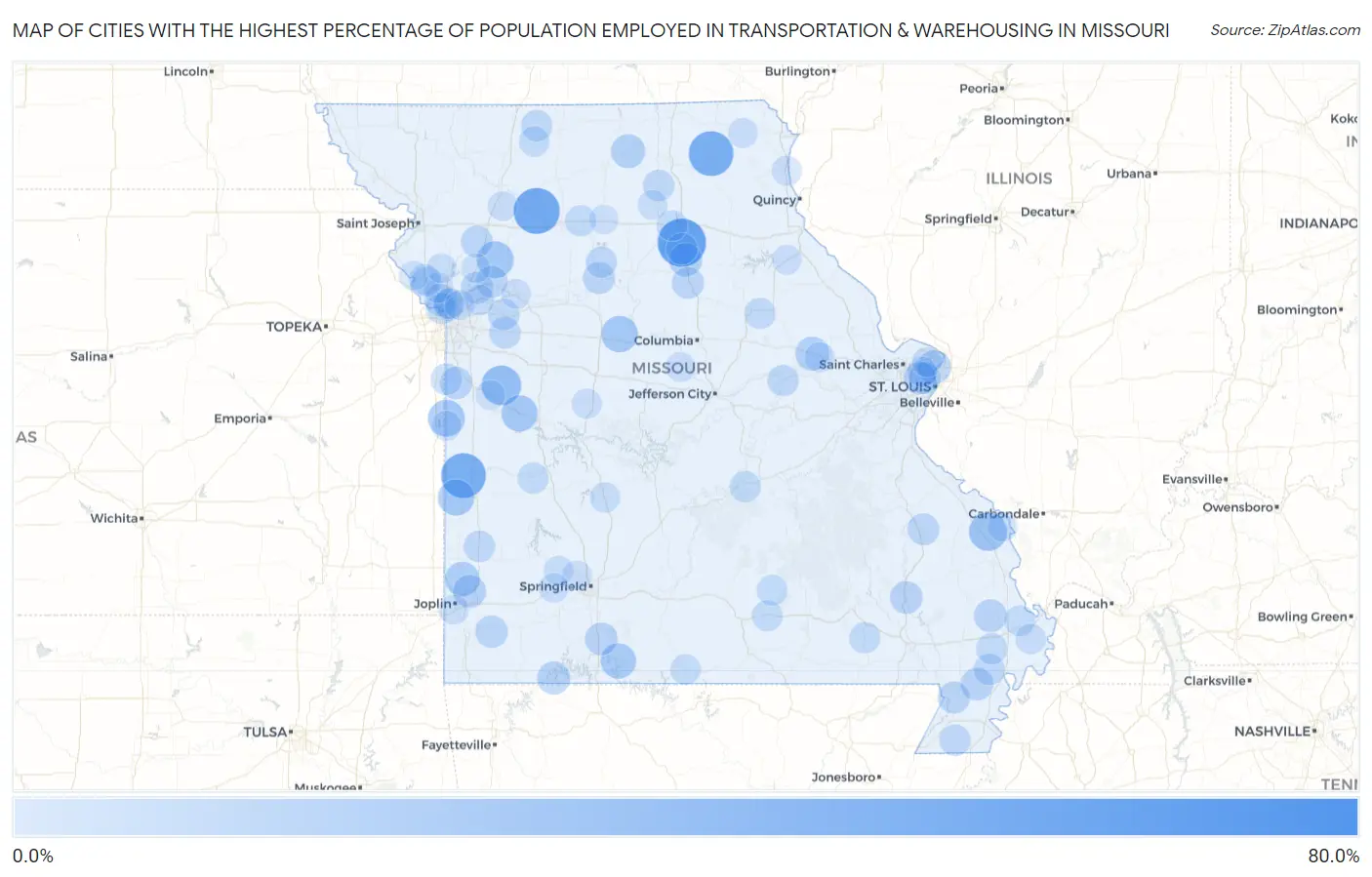 Cities with the Highest Percentage of Population Employed in Transportation & Warehousing in Missouri Map