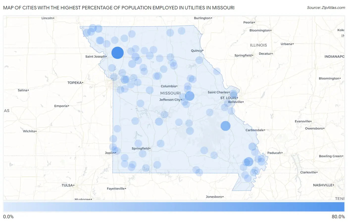 Cities with the Highest Percentage of Population Employed in Utilities in Missouri Map
