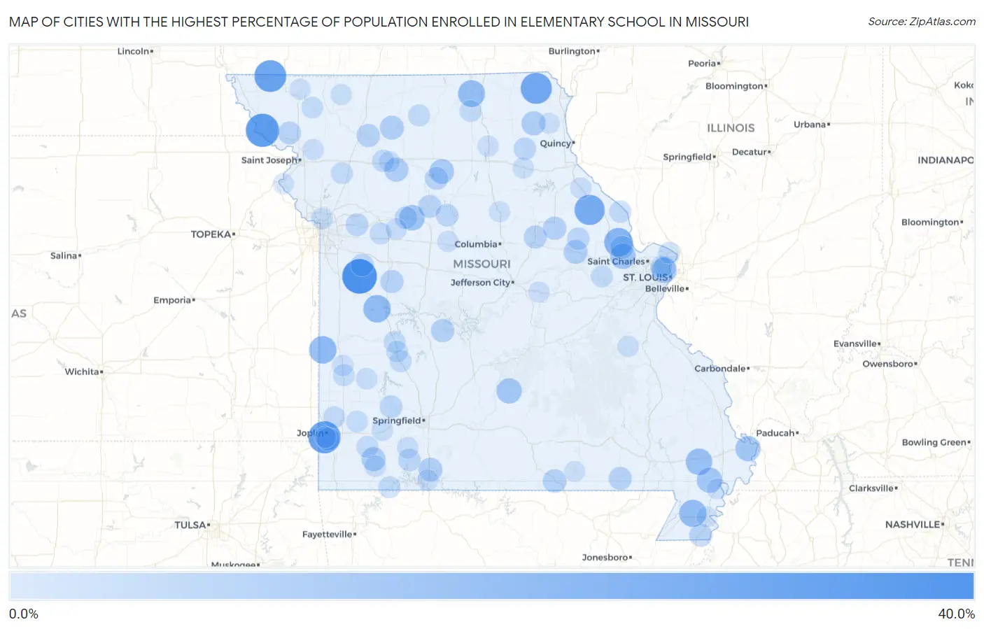 Cities with the Highest Percentage of Population Enrolled in Elementary School in Missouri Map