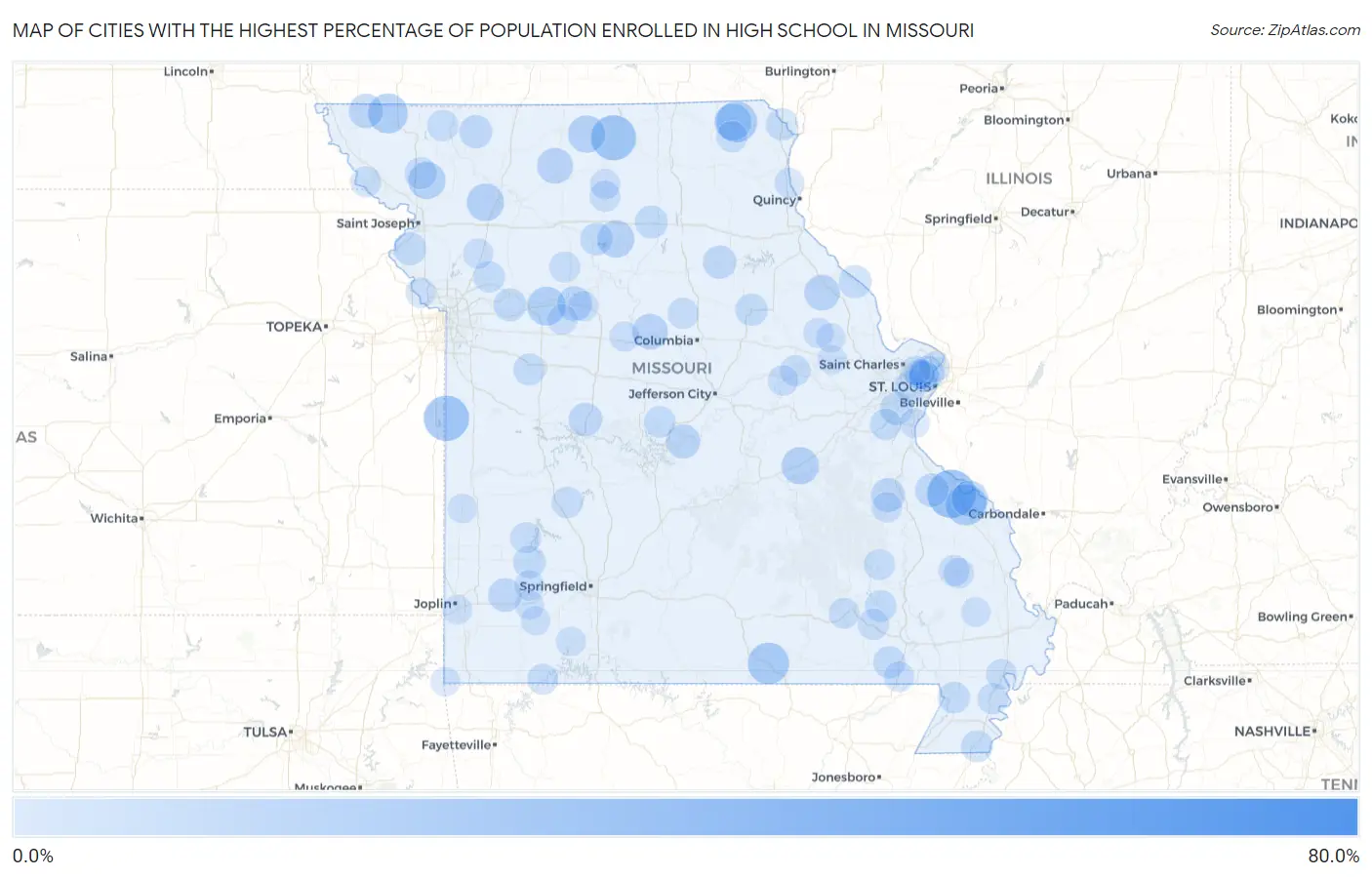 Cities with the Highest Percentage of Population Enrolled in High School in Missouri Map