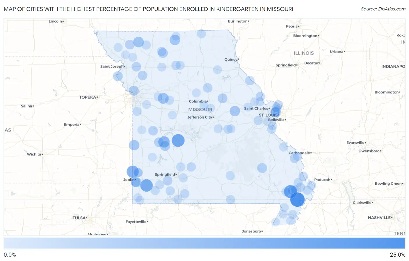 Cities with the Highest Percentage of Population Enrolled in Kindergarten in Missouri Map