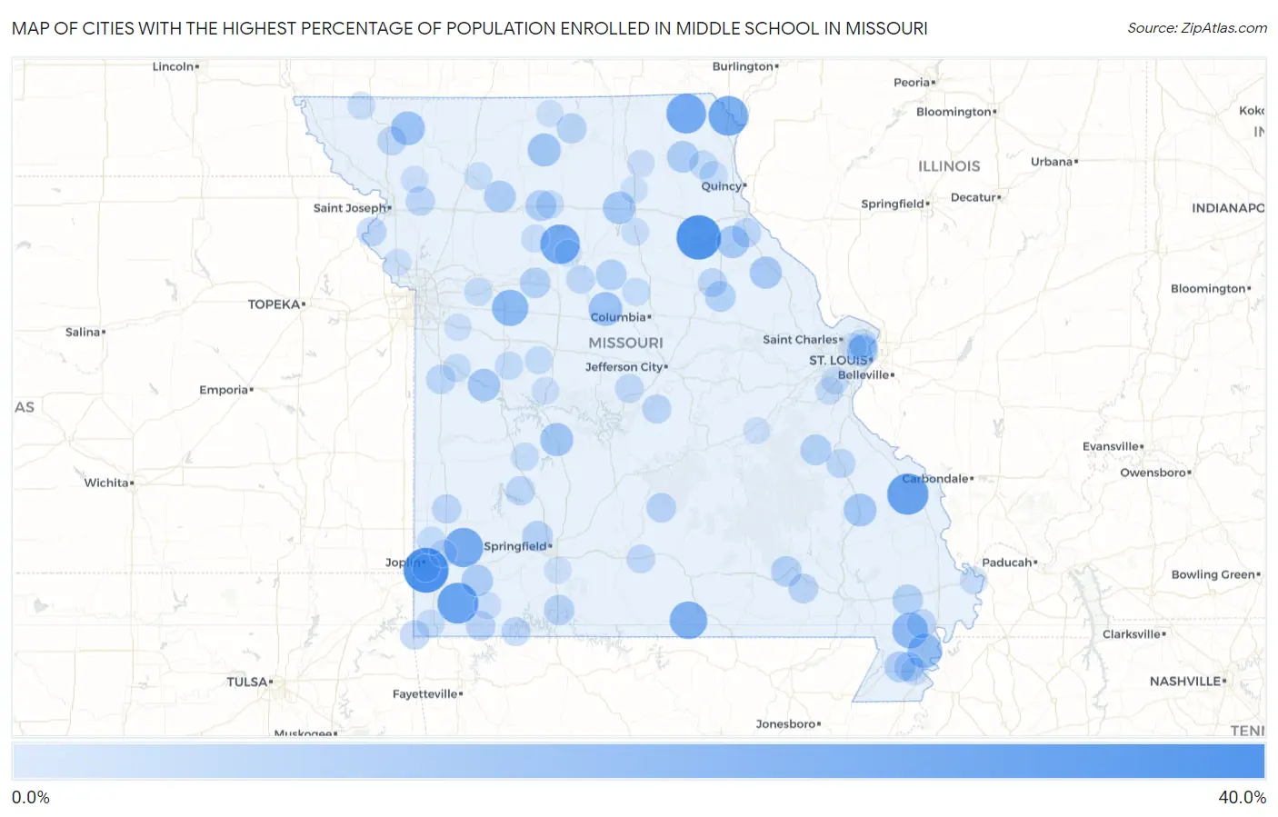 Cities with the Highest Percentage of Population Enrolled in Middle School in Missouri Map