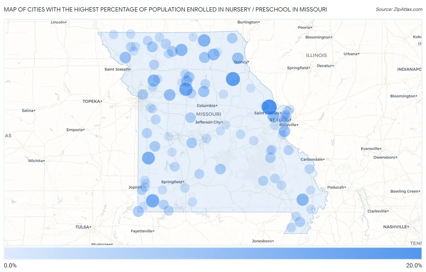 Cities with the Highest Percentage of Population Enrolled in Nursery / Preschool in Missouri Map