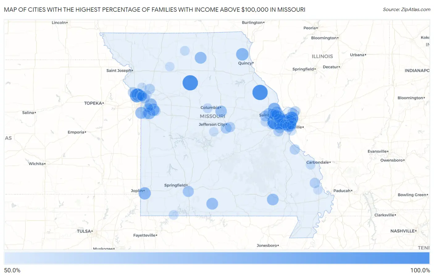 Cities with the Highest Percentage of Families with Income Above $100,000 in Missouri Map