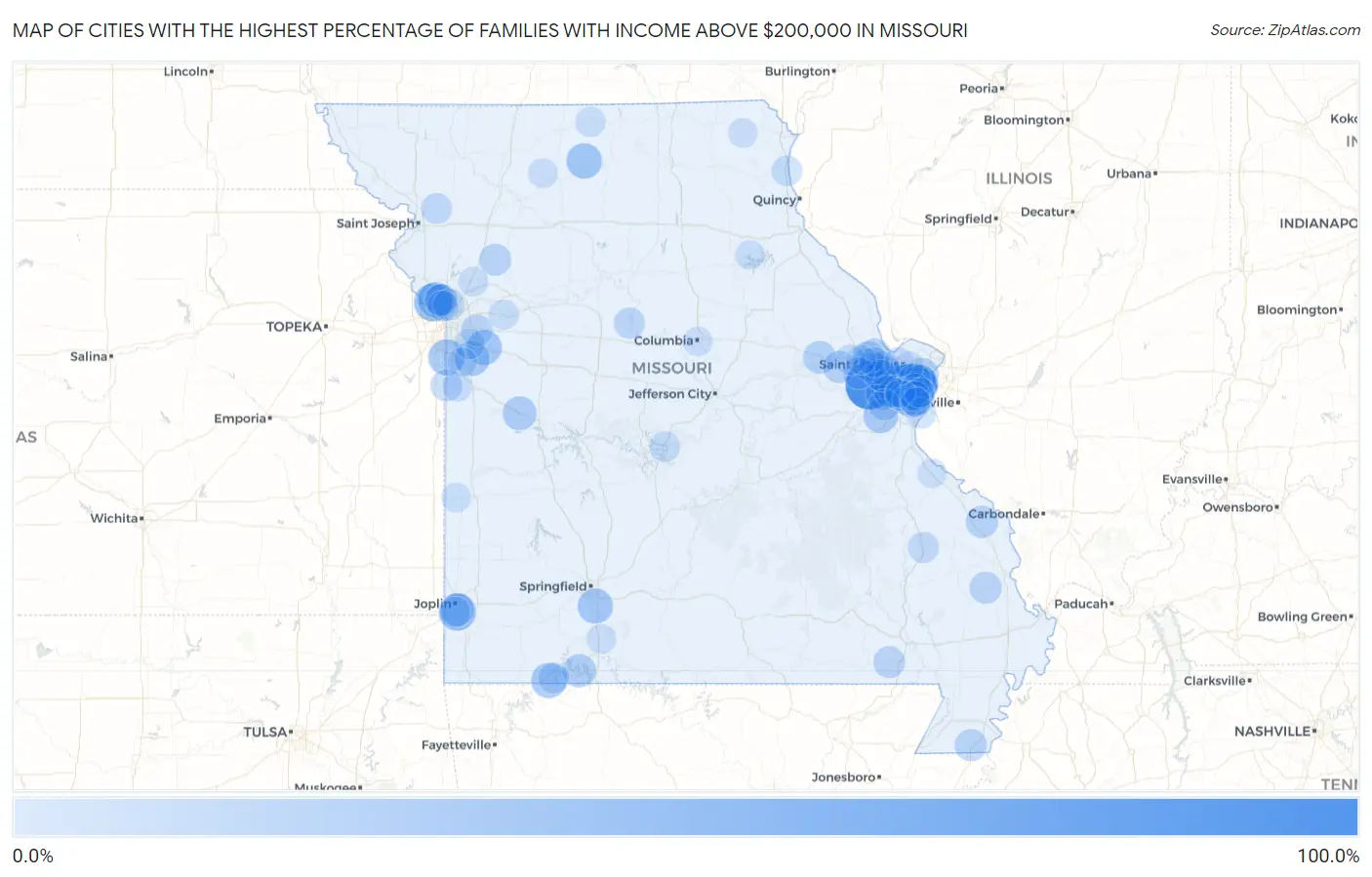 Cities with the Highest Percentage of Families with Income Above $200,000 in Missouri Map