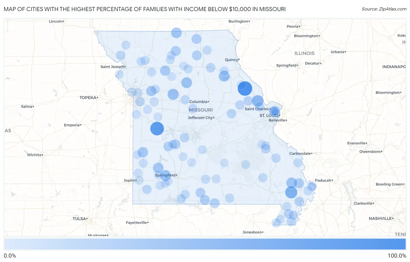 Cities with the Highest Percentage of Families with Income Below $10,000 in Missouri Map