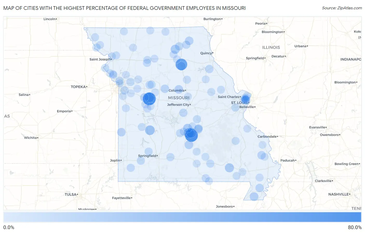 Cities with the Highest Percentage of Federal Government Employees in Missouri Map