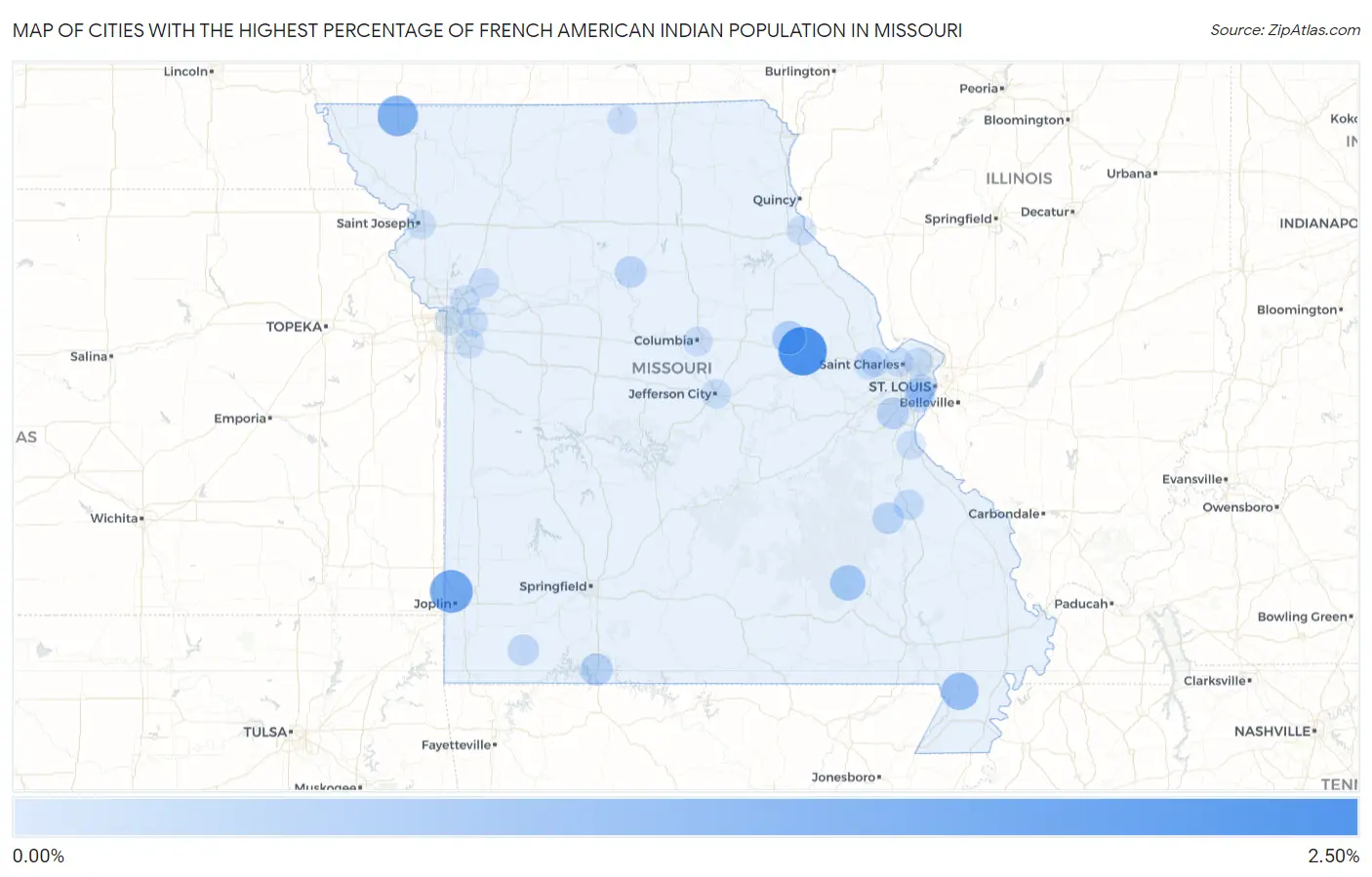 Cities with the Highest Percentage of French American Indian Population in Missouri Map