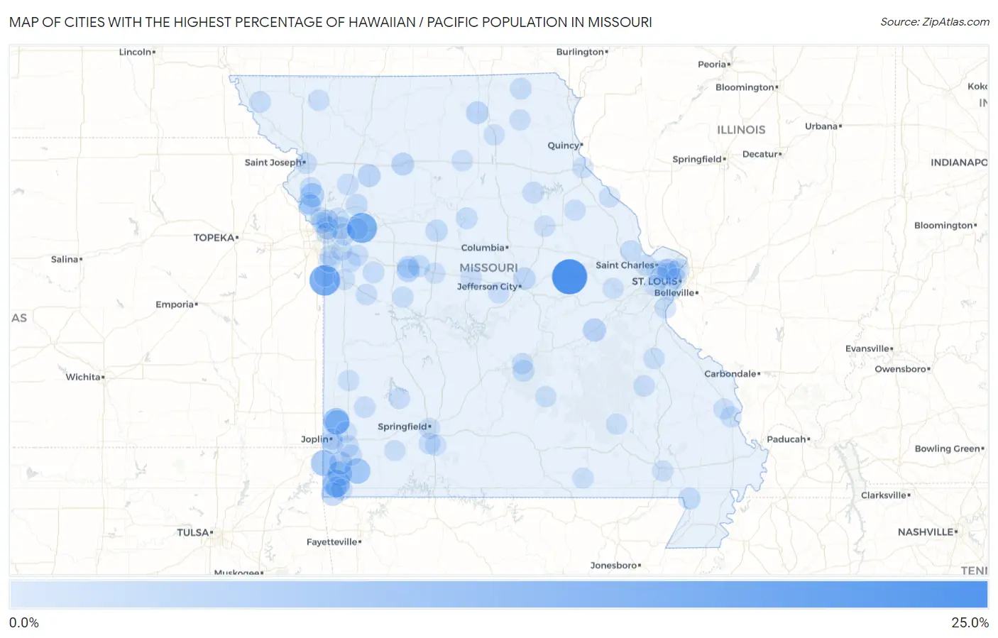 Cities with the Highest Percentage of Hawaiian / Pacific Population in Missouri Map