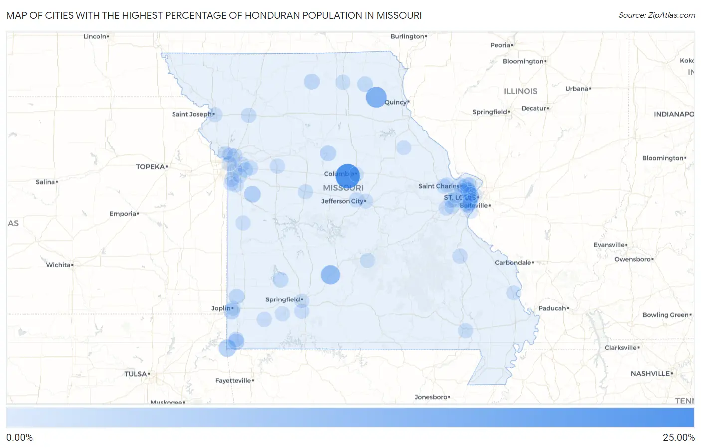 Cities with the Highest Percentage of Honduran Population in Missouri Map