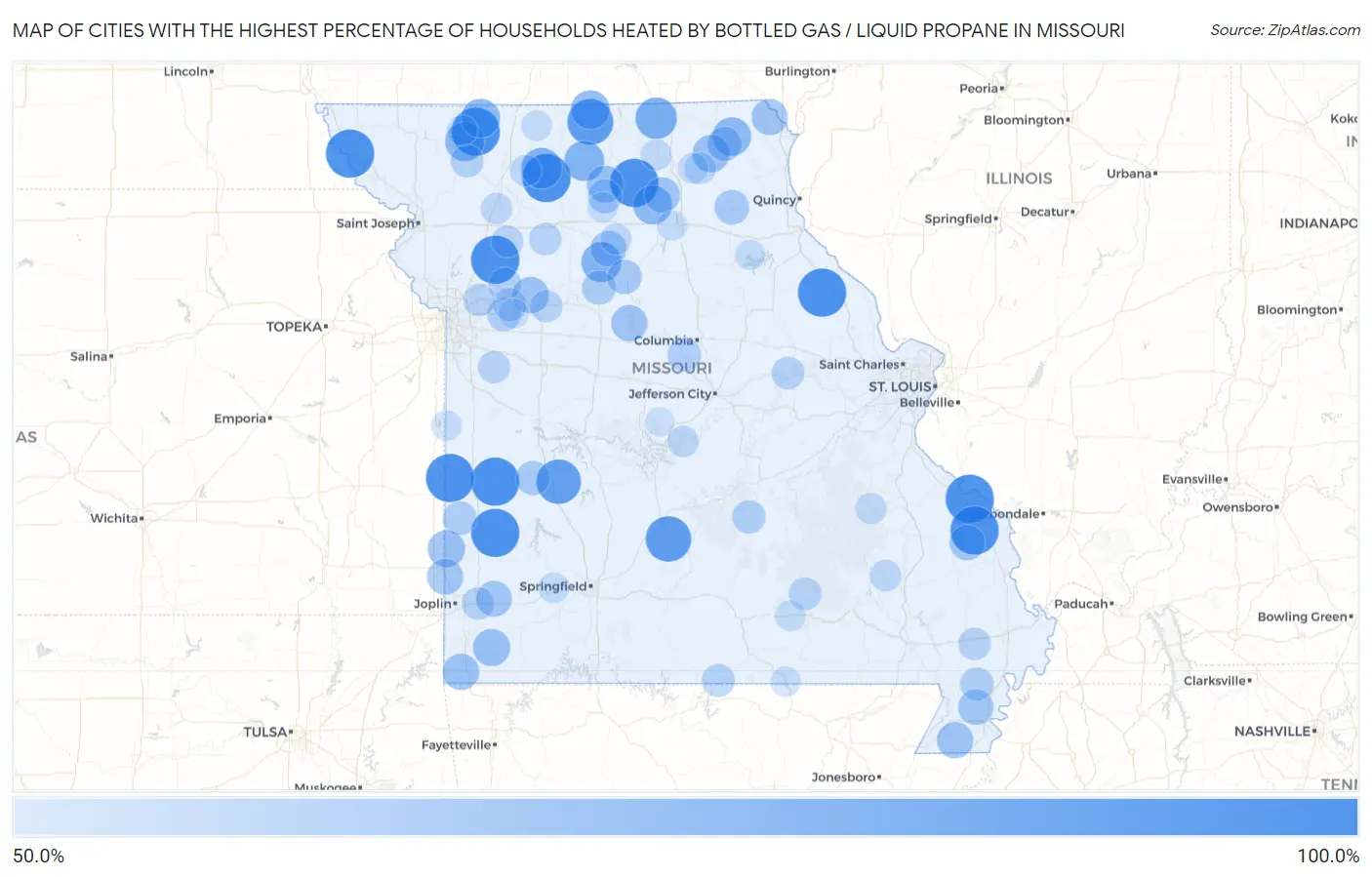 Cities with the Highest Percentage of Households Heated by Bottled Gas / Liquid Propane in Missouri Map