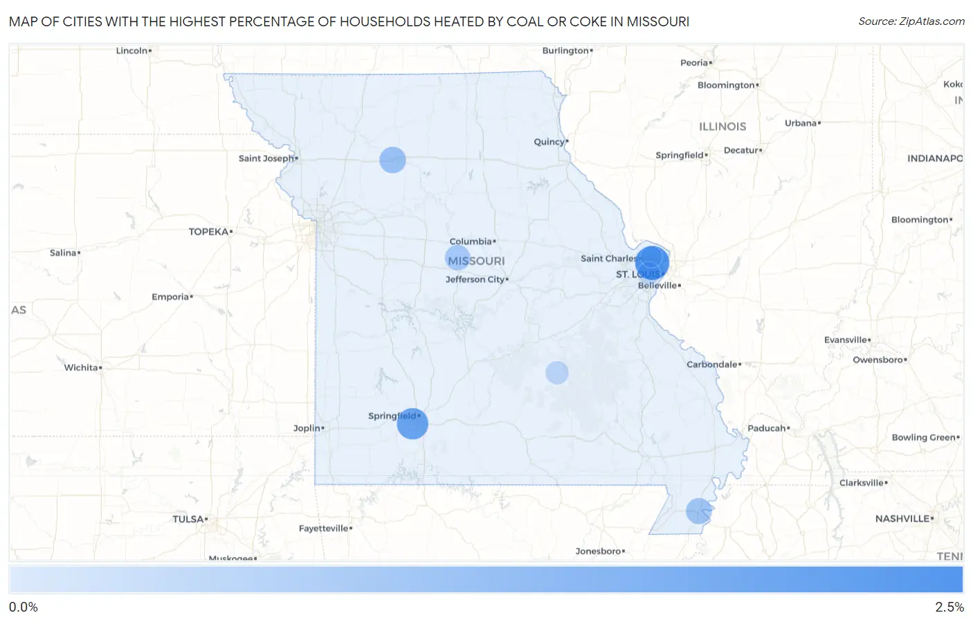 Cities with the Highest Percentage of Households Heated by Coal or Coke in Missouri Map
