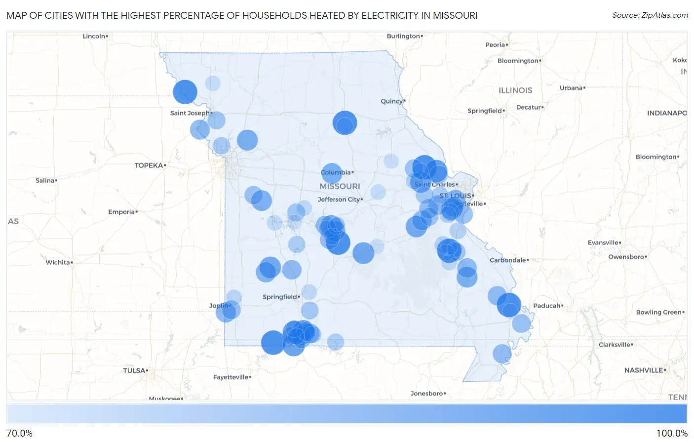 Cities with the Highest Percentage of Households Heated by Electricity in Missouri Map