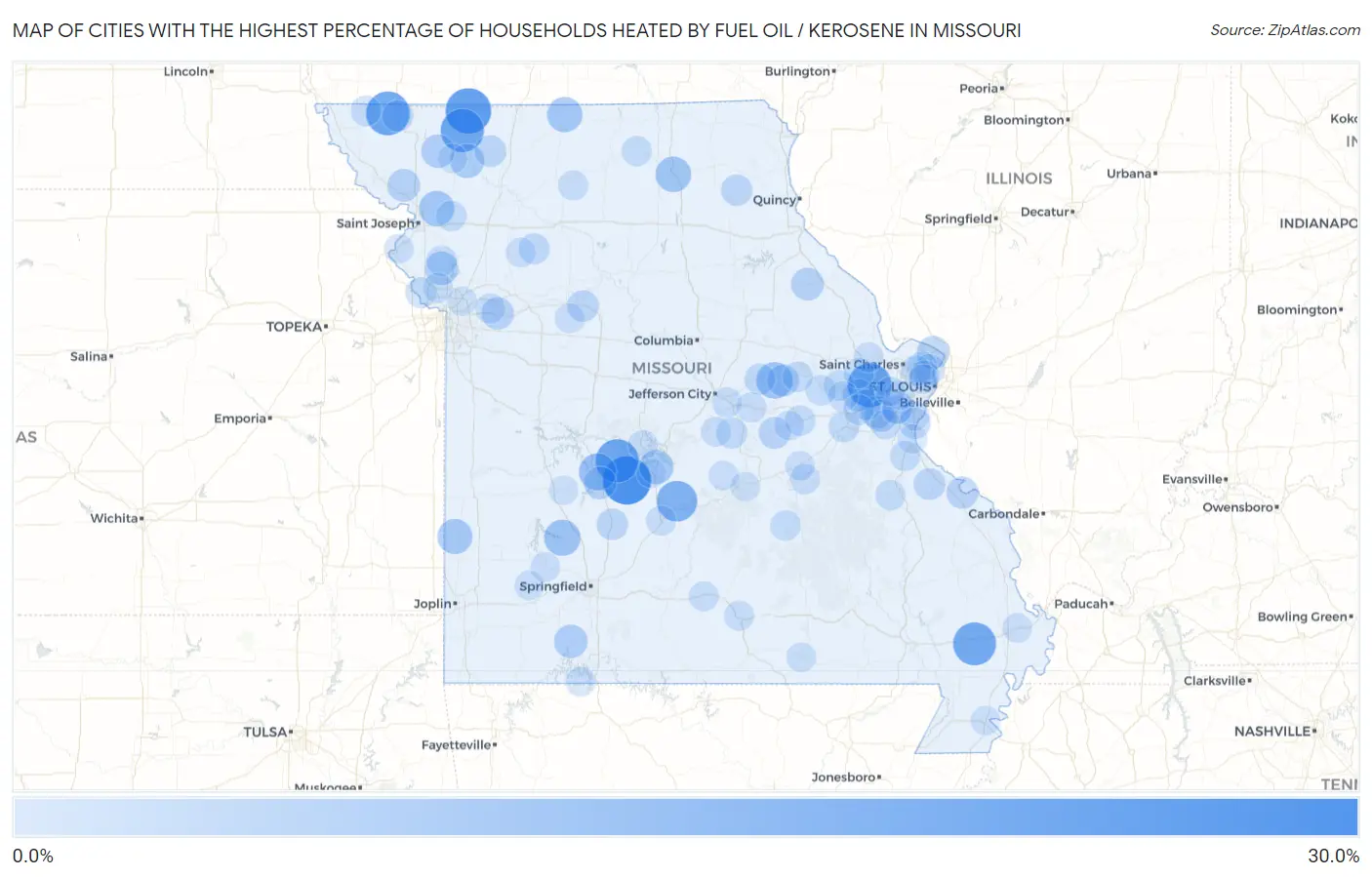 Cities with the Highest Percentage of Households Heated by Fuel Oil / Kerosene in Missouri Map