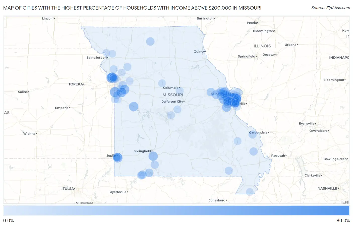 Cities with the Highest Percentage of Households with Income Above $200,000 in Missouri Map