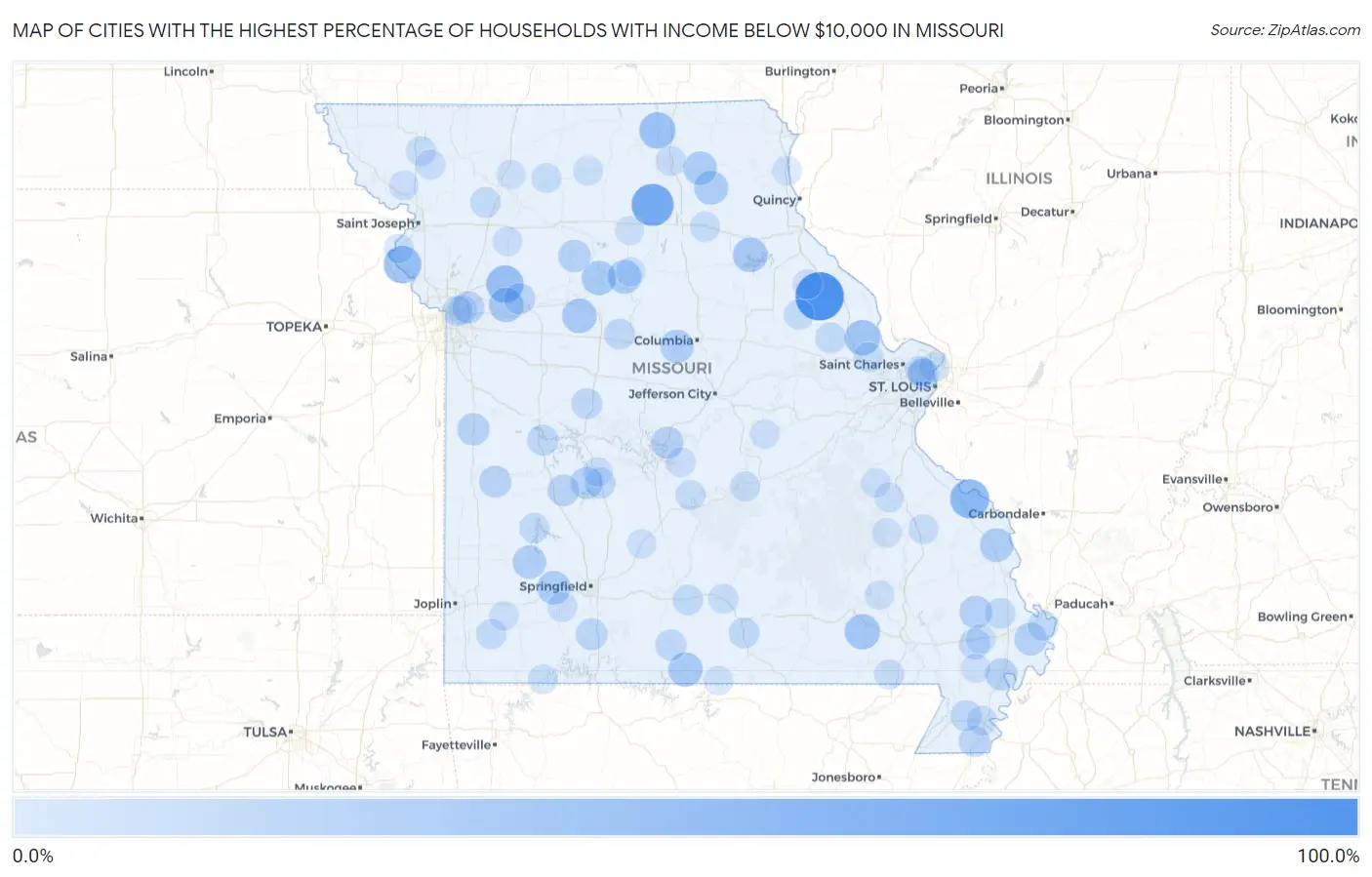 Cities with the Highest Percentage of Households with Income Below $10,000 in Missouri Map