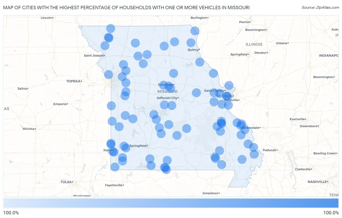 Cities with the Highest Percentage of Households With One or more Vehicles in Missouri Map