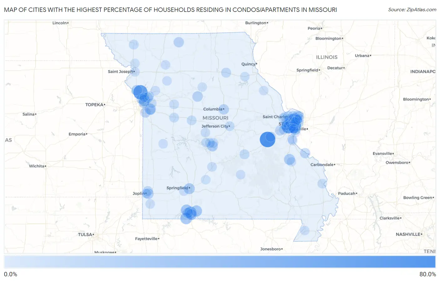 Cities with the Highest Percentage of Households Residing in Condos/Apartments in Missouri Map