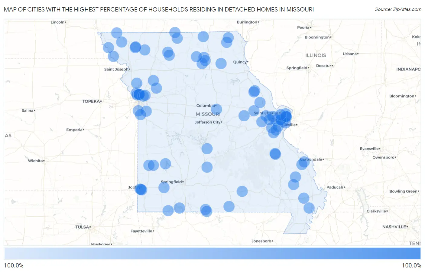Cities with the Highest Percentage of Households Residing in Detached Homes in Missouri Map