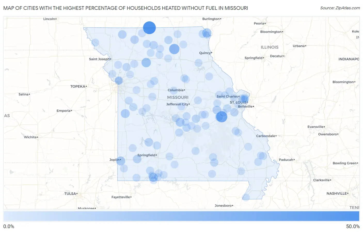 Cities with the Highest Percentage of Households Heated without Fuel in Missouri Map