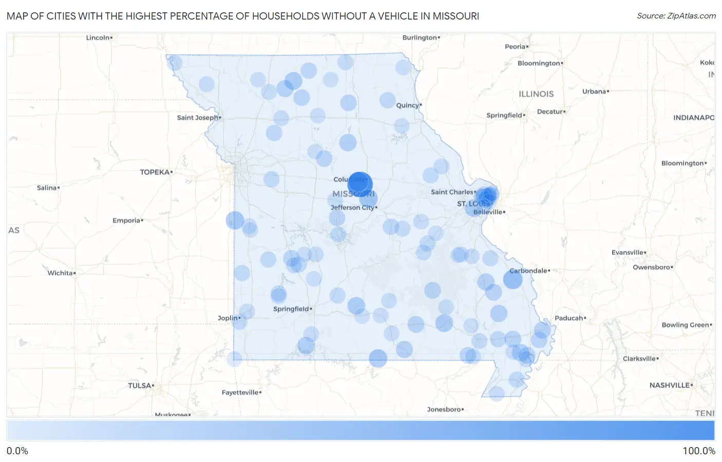 Cities with the Highest Percentage of Households Without a Vehicle in Missouri Map