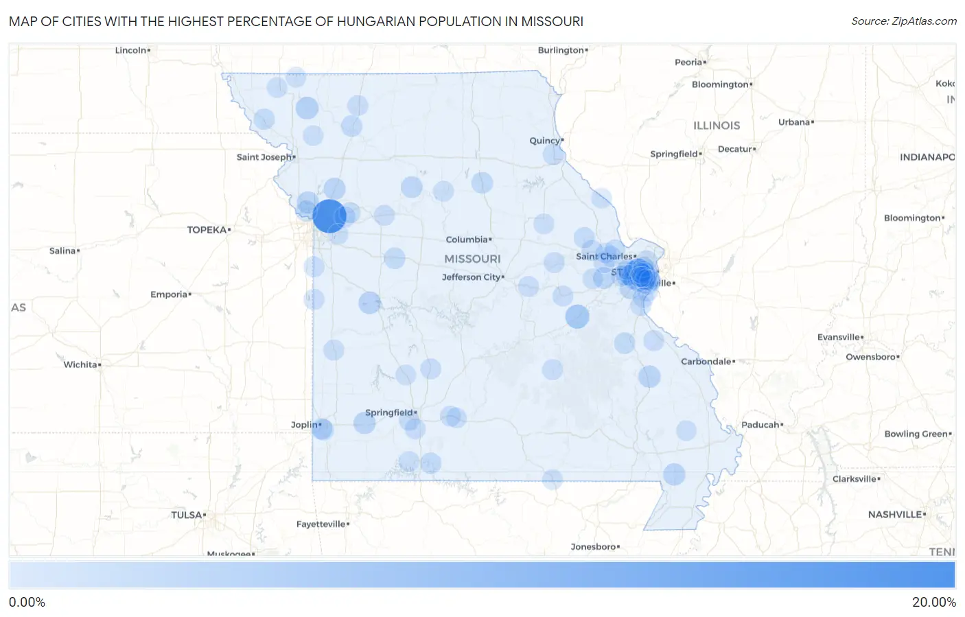 Cities with the Highest Percentage of Hungarian Population in Missouri Map