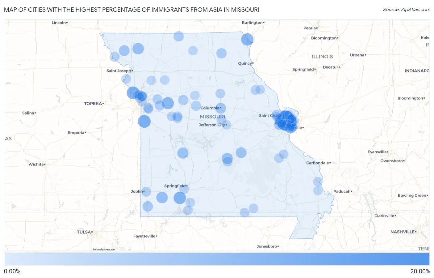 Cities with the Highest Percentage of Immigrants from Asia in Missouri Map