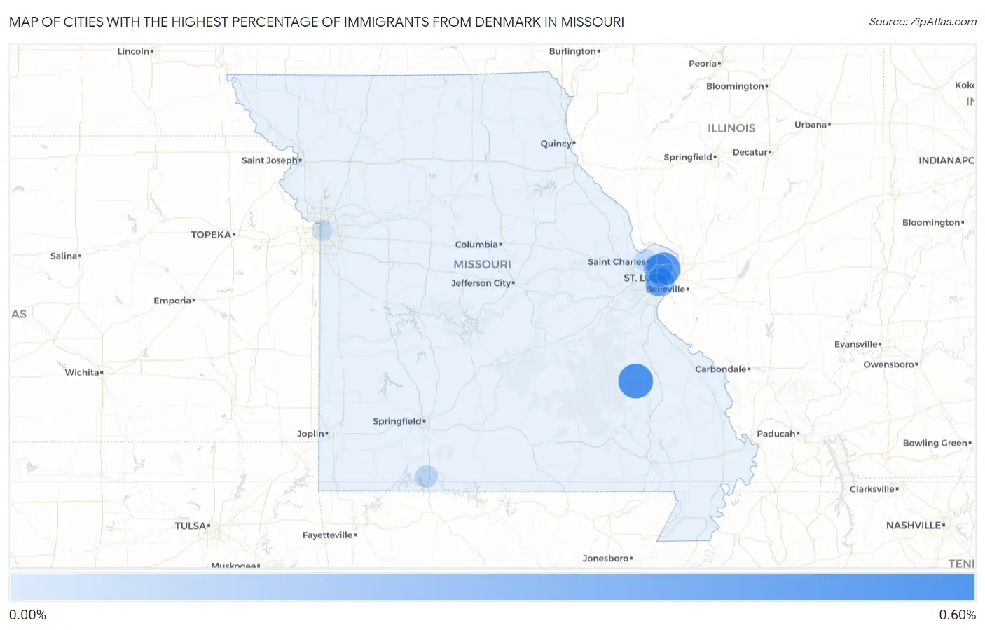 Cities with the Highest Percentage of Immigrants from Denmark in Missouri Map