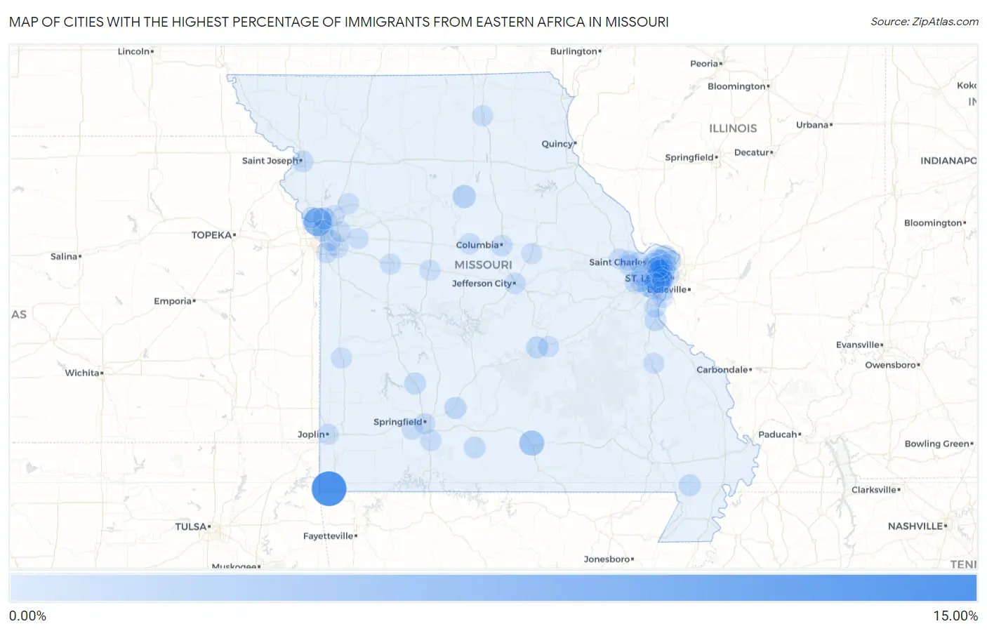 Cities with the Highest Percentage of Immigrants from Eastern Africa in Missouri Map