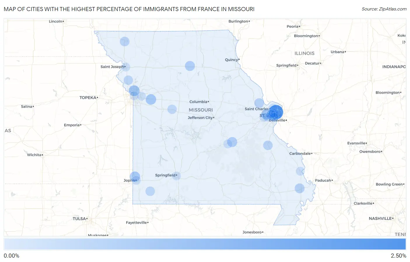 Cities with the Highest Percentage of Immigrants from France in Missouri Map