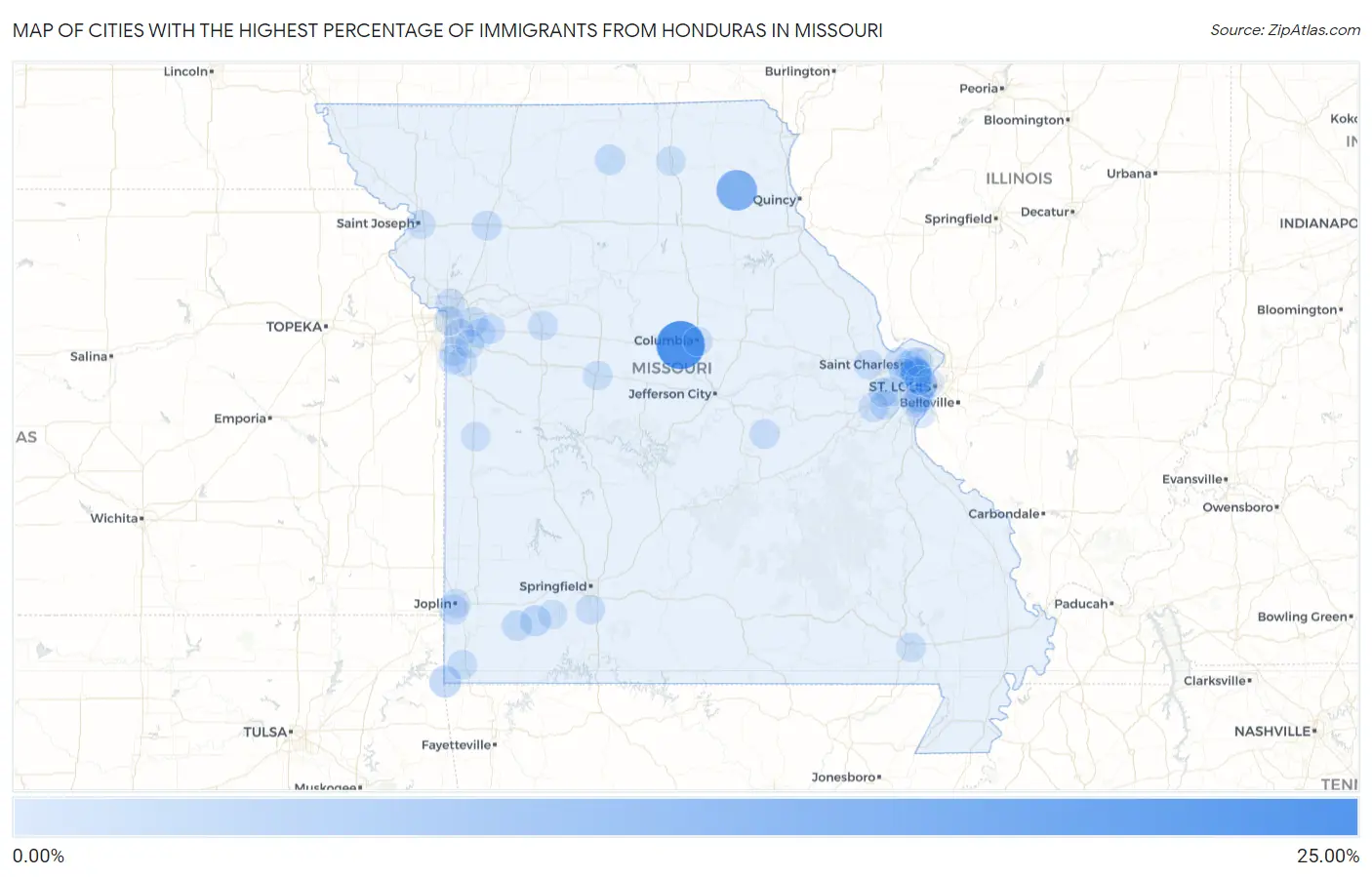 Cities with the Highest Percentage of Immigrants from Honduras in Missouri Map