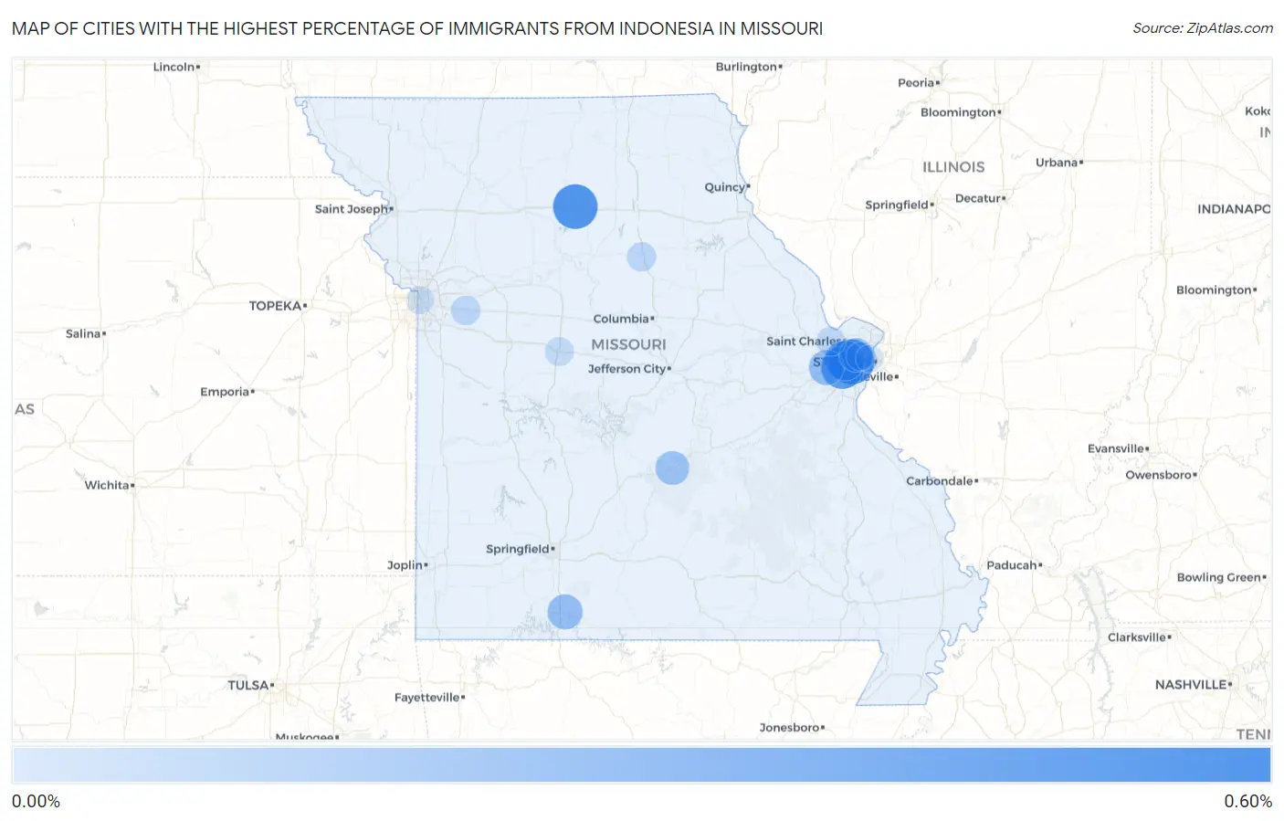Cities with the Highest Percentage of Immigrants from Indonesia in Missouri Map