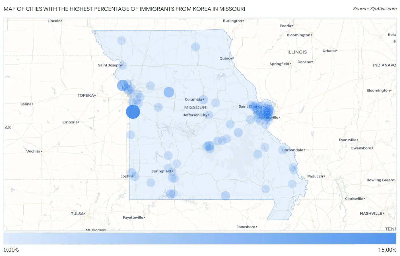 Cities with the Highest Percentage of Immigrants from Korea in Missouri Map