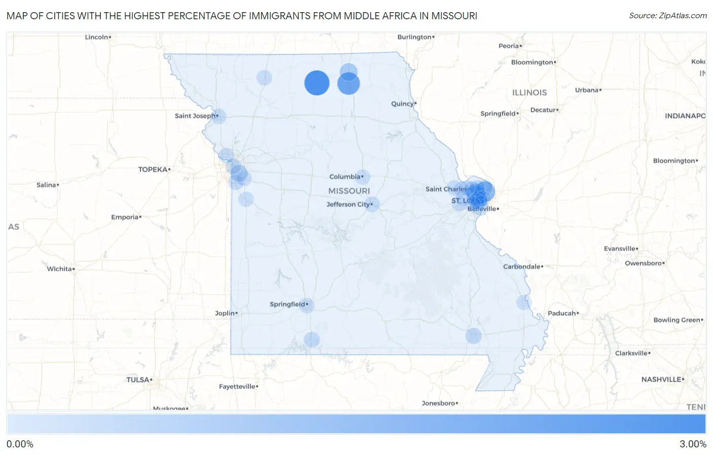 Cities with the Highest Percentage of Immigrants from Middle Africa in Missouri Map