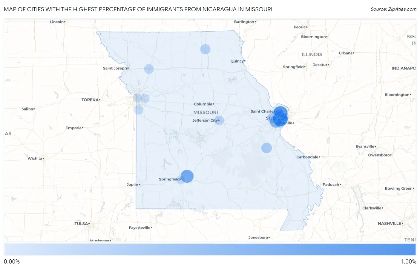 Cities with the Highest Percentage of Immigrants from Nicaragua in Missouri Map
