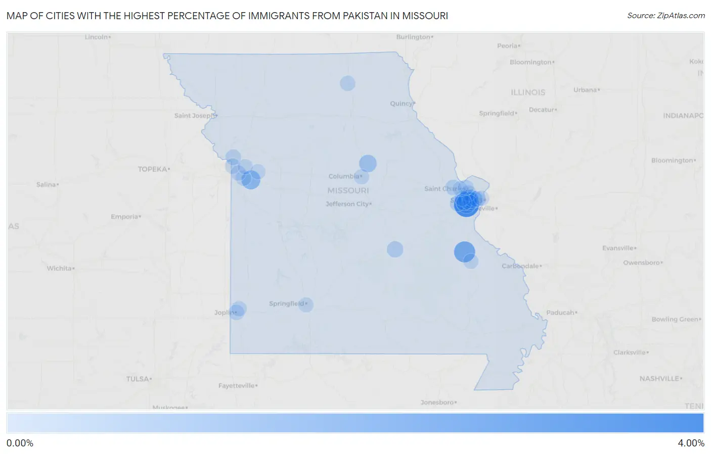 Cities with the Highest Percentage of Immigrants from Pakistan in Missouri Map