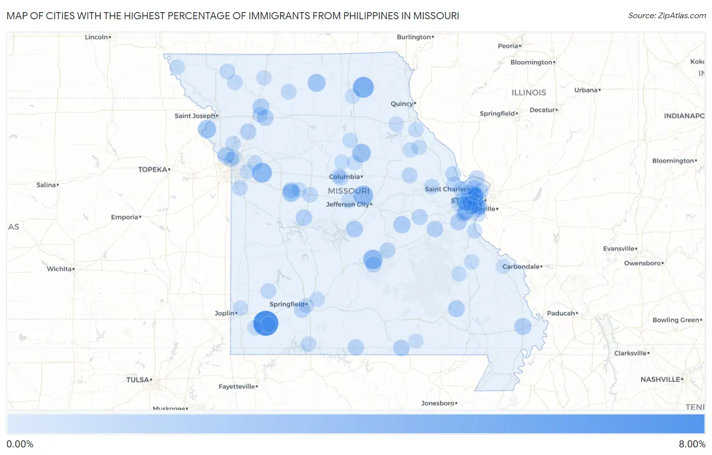 Cities with the Highest Percentage of Immigrants from Philippines in Missouri Map