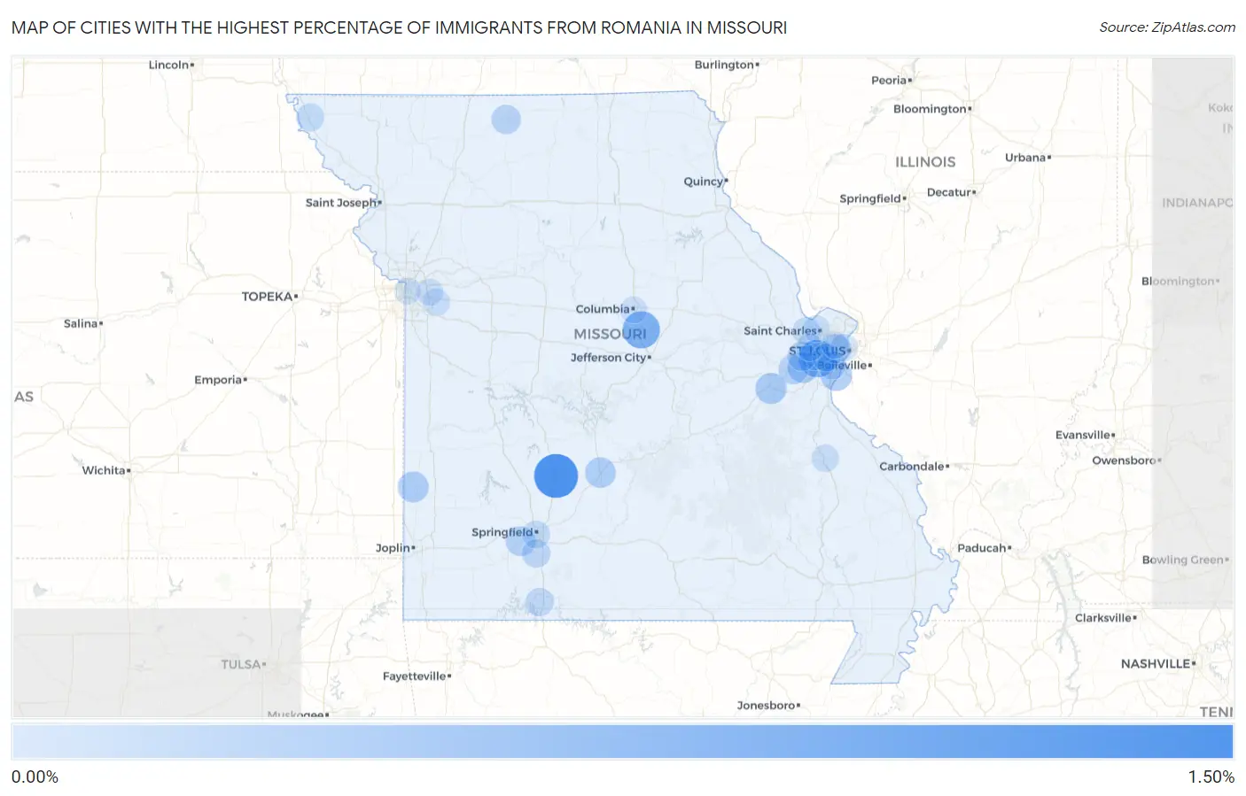 Cities with the Highest Percentage of Immigrants from Romania in Missouri Map